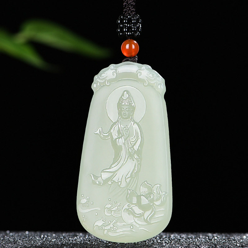 和田玉莲花观音玉吊坠玉牌玉佩