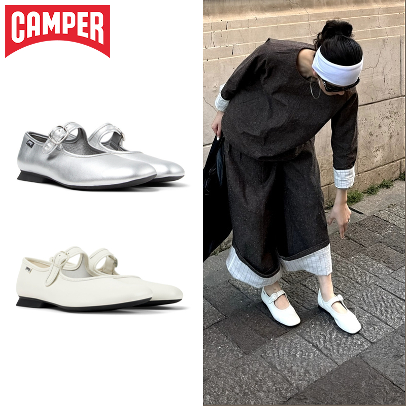 Camper看步女鞋Casi Myra 新款小皮鞋银色玛丽珍鞋平底鞋浅口单鞋