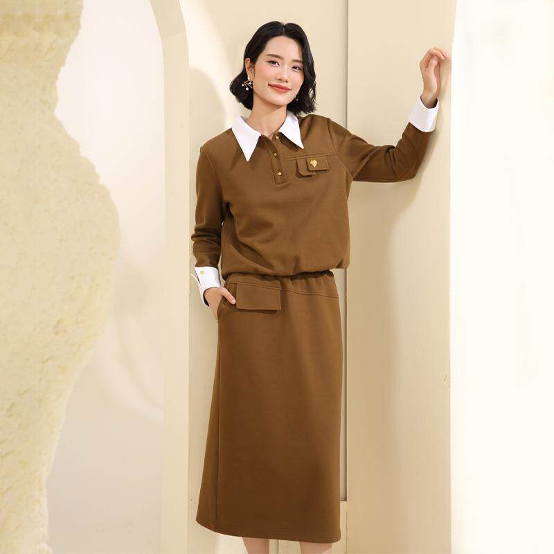 盈达品牌女装卡其色时尚套装秋冬新品宽松舒适显瘦套装 4DB5N2613