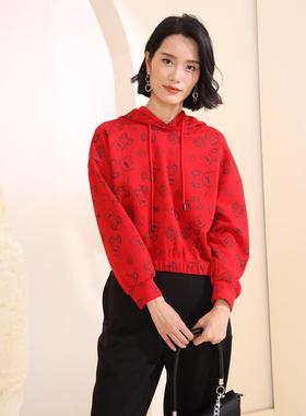 红色连帽卫衣秋冬新品休闲宽松舒适上衣盈达品牌女装 4DB5N2616