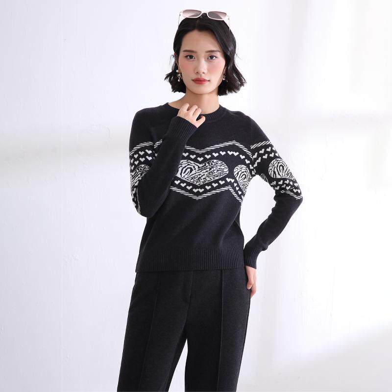 盈达品牌女装长袖黑色毛衣秋冬新品复古软糯圆领上衣 4DB5J5315