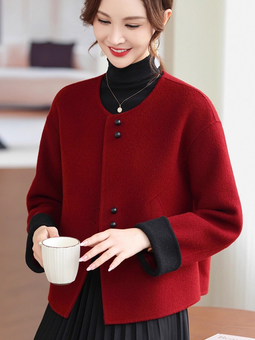 高端中年双面绒大衣女小个子短款年轻喜婆婆妈妈装红色羊毛呢外套