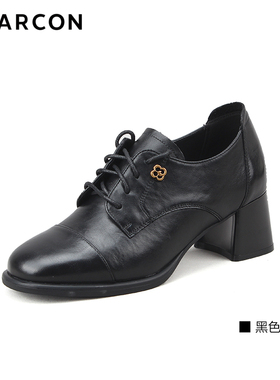 意尔康女鞋2025秋季新款真皮深口单鞋女粗跟尖头高跟鞋系带11922Y