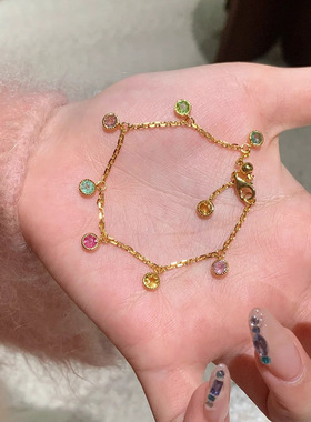 精致多巴胺彩色泡泡钻吊坠抽拉款金色手链女轻奢小众高级感手饰品