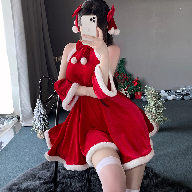 圣诞氛围感~甜美挂脖连衣裙红丝绒辣妹短裙圣诞主题年会战袍