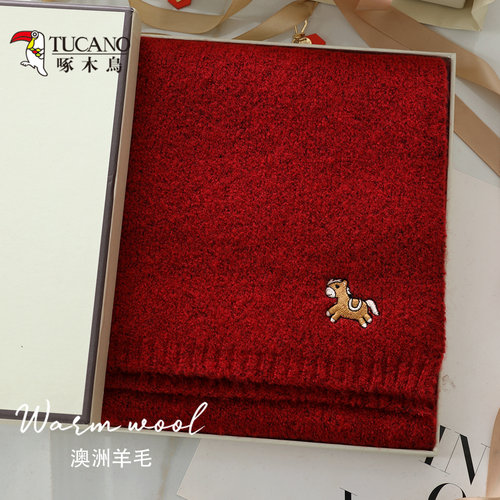 啄木鸟2026马年本命年羊毛红围巾圣诞节酒红色围脖女款2025新款冬