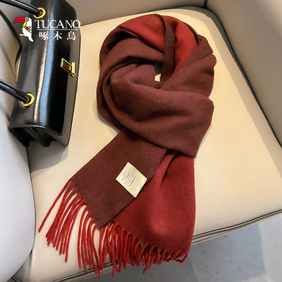 啄木鸟100%羊毛酒红色双面双色围巾女冬季本命年礼物女生高级感