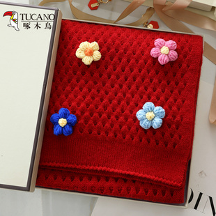 啄木鸟针织毛线红色围巾女生可爱少女礼物儿童秋冬季短小护颈围脖