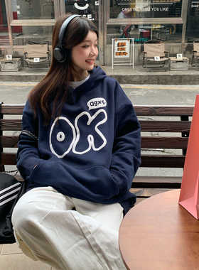 喜士潮社AGXS新款秋冬宽松加绒连帽衫OK发泡卫衣男女情侣装