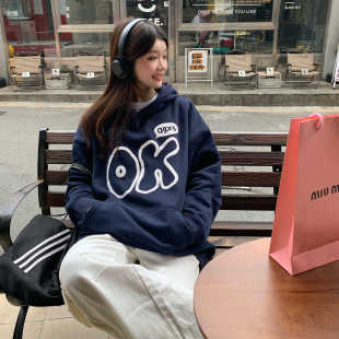 OK发泡卫衣男女情侣装 喜士潮社AGXS新款 秋冬宽松加绒连帽衫