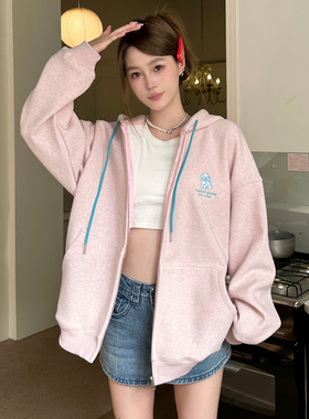 喜士潮社AGXS春秋小狗刺绣慵懒风拉链卫衣情侣开衫外套