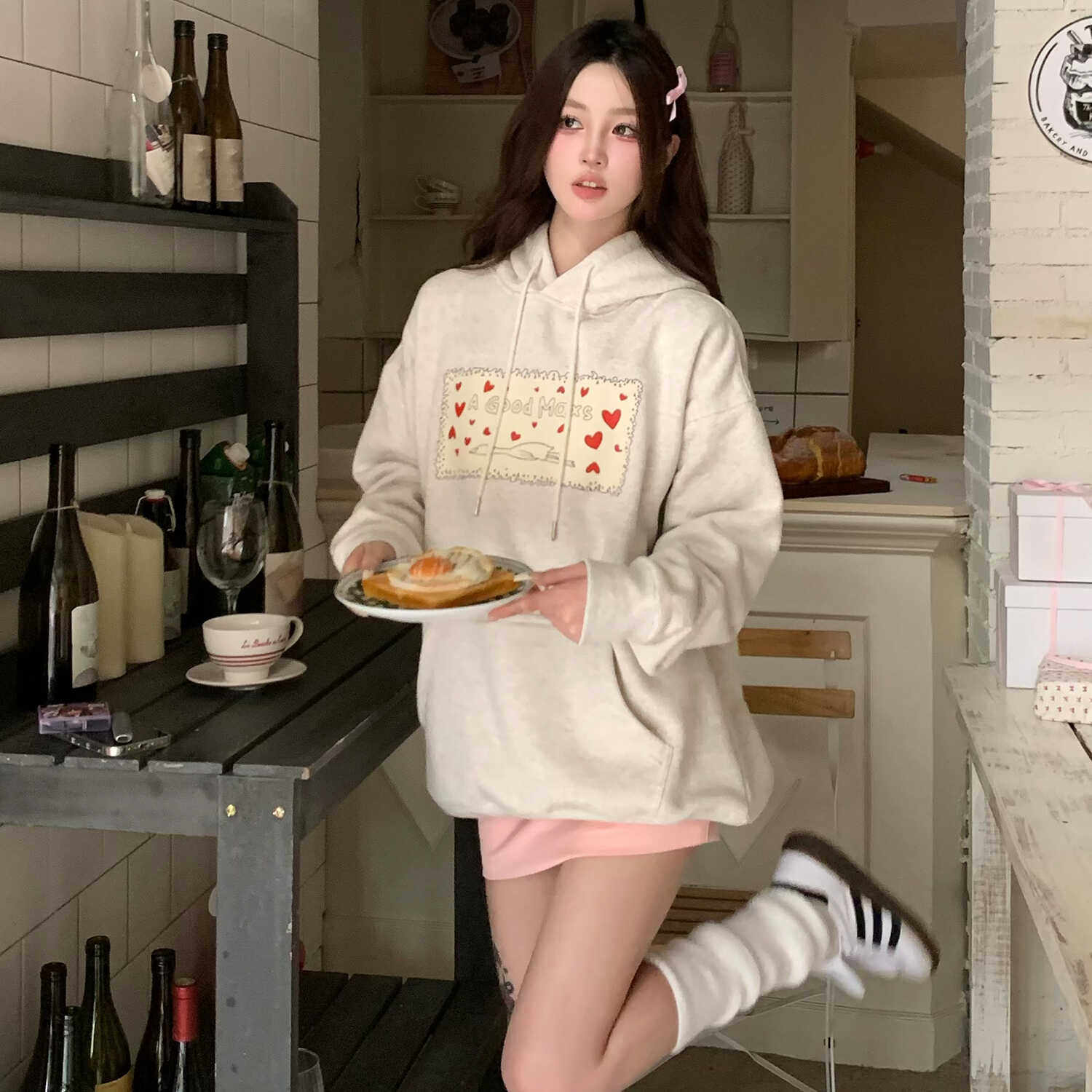 AGXS新款秋冬潮牌卡通鸭子爱心印花连帽卫衣男女情侣装帽衫