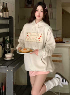 AGXS新款秋冬潮牌卡通鸭子爱心印花连帽卫衣男女情侣装帽衫