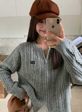 AGXS秋冬新款双拉链短款上衣简约百搭灰色针织开衫外套毛衣