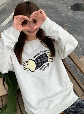 AGXS秋冬新款格子小狗贴布毛巾绣圆领套头卫衣长袖宽松美式上衣