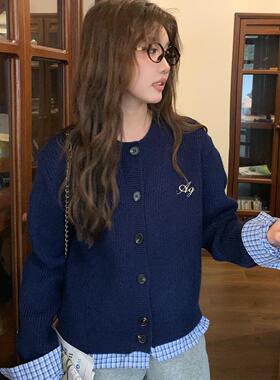 AGXS新款假两件绣花针织开衫设计感拼接格子毛衣