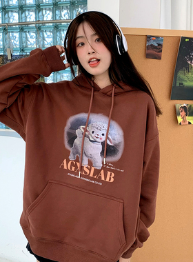 喜士潮社AGXS复古秋冬宽松连帽衫卡通小羊印花男女百搭