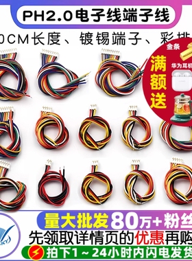 PH2.0电子线端子线单头镀锡彩排线端子连接线长30CM2位3/4/6P/12P