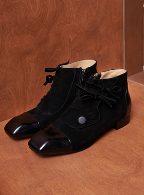 月曜事务所 原创设计手工制作 allblack拼皮设计感方头蝴蝶结踝靴