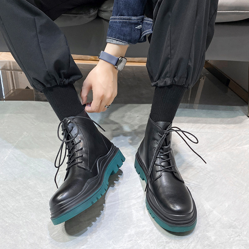 SMOKE TUBE BOOTS MENS CHELSEA SHORT BOOTS MID-HIGH MARTIN BOOTS MENS BRITISH STYLE 2021 NEW THICK-SOLED TOOLING LEATHER BOOTS TIDE