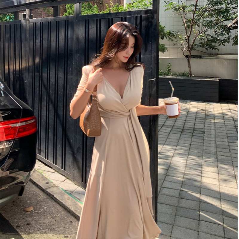 秋装新款韩国东大门修身显瘦系带裹身连衣裙深V领高腰长裙女