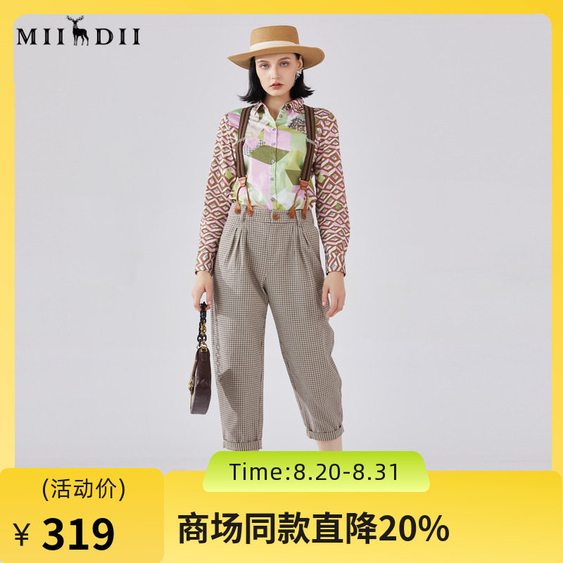谜底格纹背带裤女2024春新款复古文艺风休闲直筒九分裤241MK0076图片