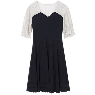 谜底中长款针织衫短袖女2023夏季新款V领拼接毛织连衣裙232MZ0876