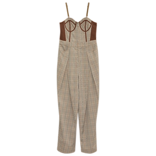 谜底复古休闲裤2023秋新款胸衣式拼接设计感连体长裤女233MK1011