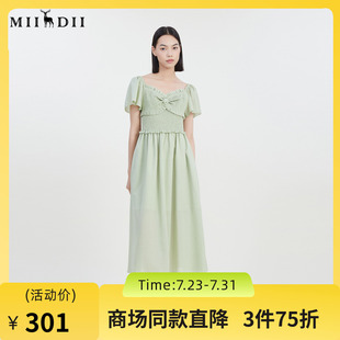 谜底方领连衣裙短袖 简约文艺设计感长裙232ML0570 女2023夏季 新款