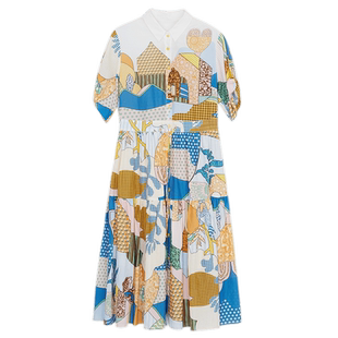 谜底2023夏季新款复古主题花色连衣裙短袖衬衫式中长裙232ML0580