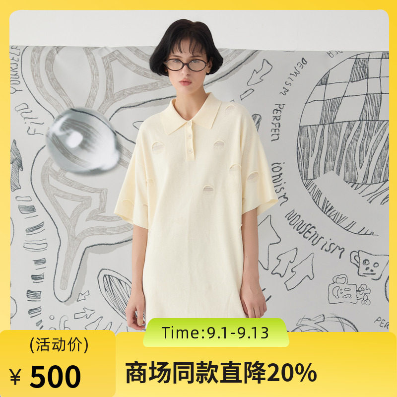 谜底POLO领针织连衣裙短袖2025春款文艺风oversize裙子251MZ0386图片