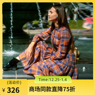 复古浪漫大摆型长裙女234ML1566 新品 谜底格子连衣裙长袖 2023冬季