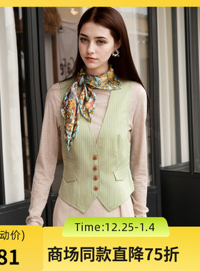 谜底无领西装马甲女2025秋新款复古风修身条纹拼接马夹257MM7721