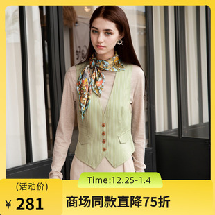 条纹拼接马夹257MM7721 复古风修身 谜底无领西装 马甲女2025秋新款