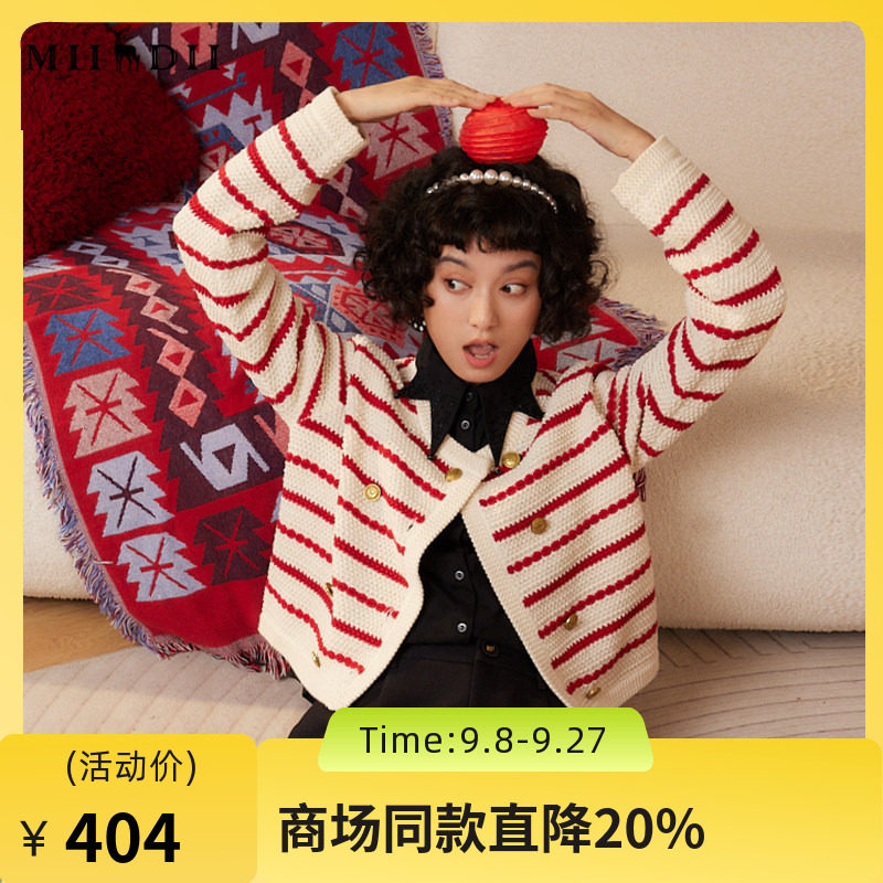 谜底双排扣圆领春季条纹针织衫图片