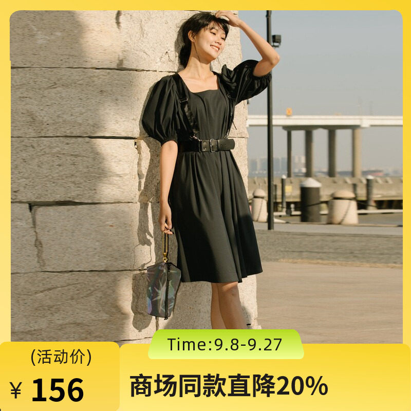 谜底方领连衣裙短袖夏款泡泡袖收腰天丝赫本风小黑裙子225ML6075图片