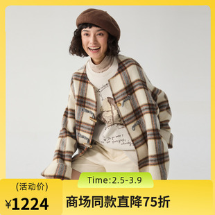 谜底毛呢外套女2024冬季新品学院风圆领牛角扣呢子大衣244MD1473