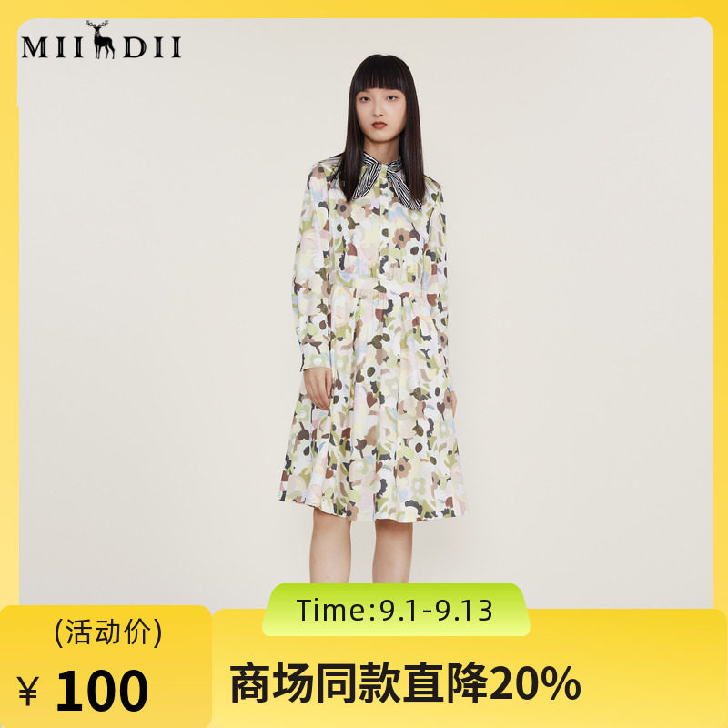 谜底冬季复古气质X型印花连衣裙时尚感领结设计长裙224ML1696图片