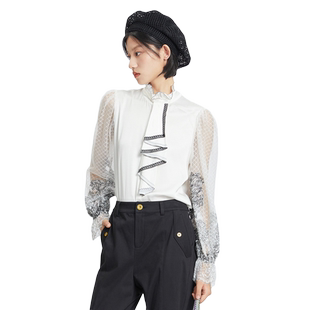谜底衬衫女2022秋季新款复古时尚窄肩灯笼袖蕾丝衬衫228MC6154