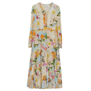 谜底花色连衣裙长袖女2023秋新款复古文艺提花收腰长裙233ML1090