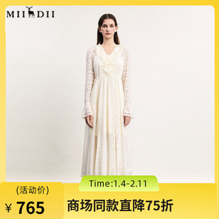 谜底高端系列连衣裙长袖女2024春季新款法式浪漫V领长裙241GL0119