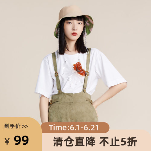 谜底2022春秋季新款时尚前卫PVC花朵宽松圆领短袖T恤女221MT0162