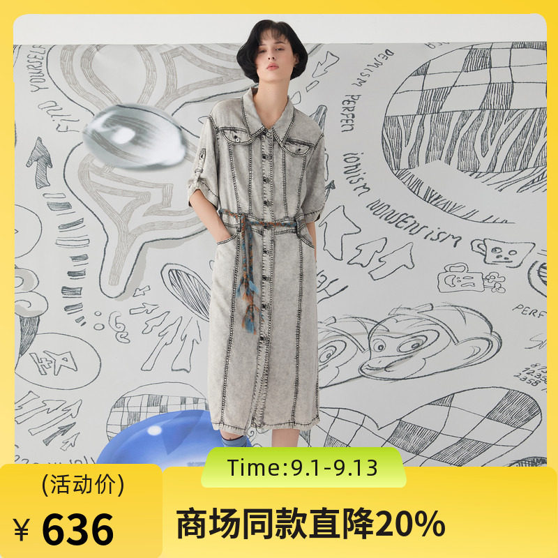 谜底牛仔连衣裙短袖2025春新品复古风H型衬衫式中长裙子251ML0148图片