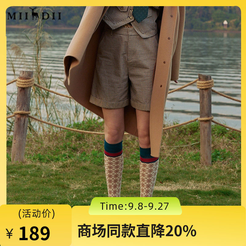 谜底格纹短裤女2024春季新款复古风百搭高腰纯棉直筒裤241MK0058图片