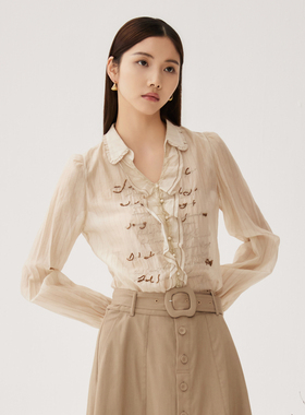 谜底衬衫长袖女2024秋季新品通勤风V领钉珠绣花H型衬衣243MC1098