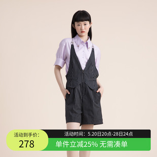 复古条纹马夹廓形222MK0514 谜底背带短裤 女2022夏季