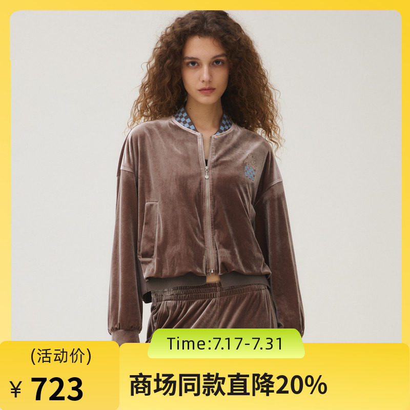 谜底短外套长袖女2025秋新品休闲棋盘格衣领丝绒棒球服253MW1106
