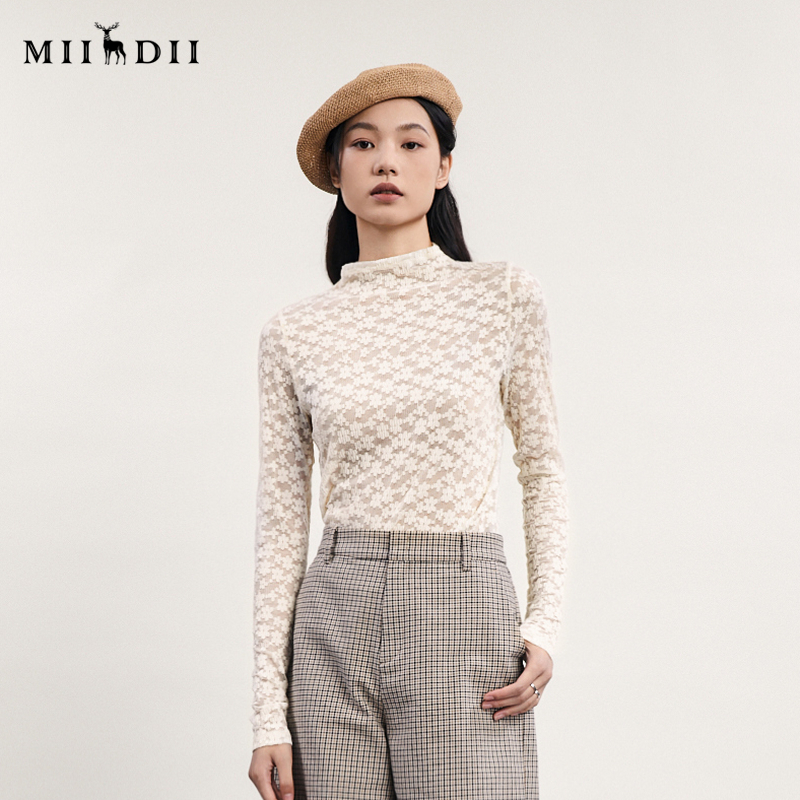 谜底修身T恤长袖女2024春新款时尚气质提花透视叠穿上衣241MT0052