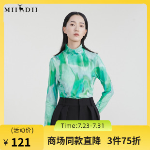 女上衣231MT0003 谜底T恤女2023春季 新款 修身 半高领复古花色打底衫