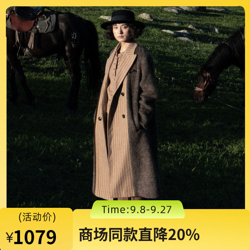 谜底设计感毛呢大衣女2024冬新品通勤复古风拼接长呢子244GD1680图片